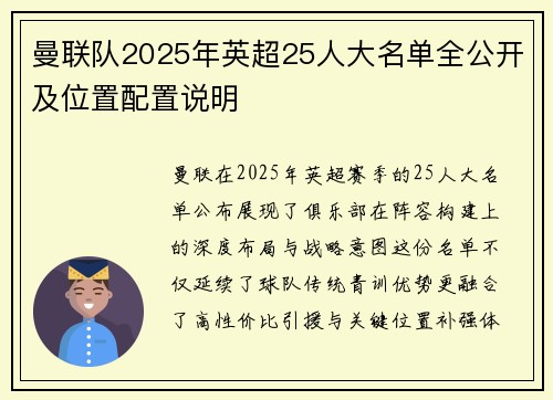 曼联队2025年英超25人大名单全公开及位置配置说明